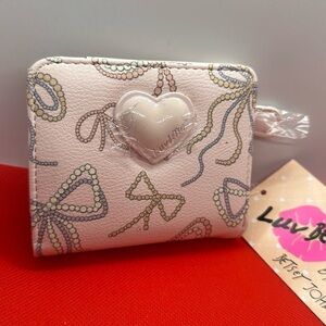 NWT BETSEY JOHNSON Trifold Flap Wallet Pearl Bows 🎀Heart Logo Pattern Pink Multi